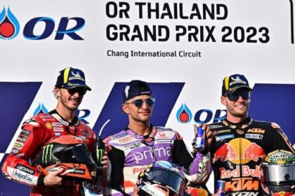 Jorge Martin, Francesco Bagnaia, Brad Binder saat di Podium Sirkuit Internasional Chang di Buriram, Thailand