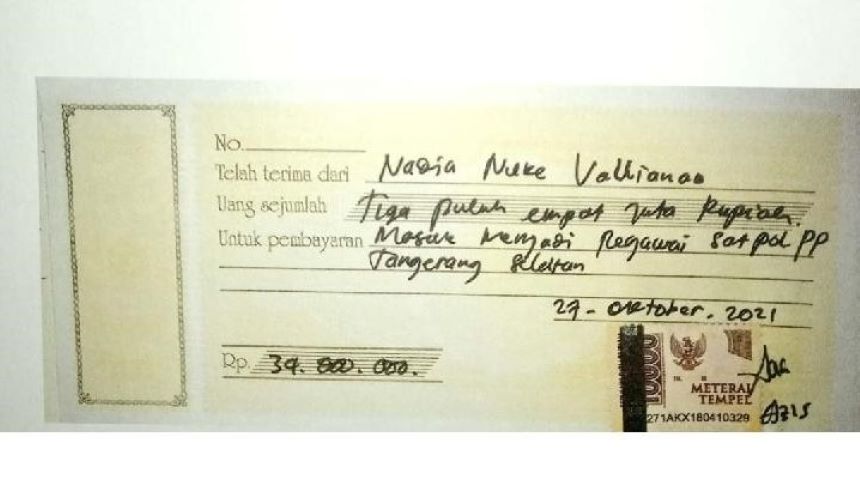 Kwitansi Uang Pelicin Dugaan Penipuan Rekrutmen Tenaga Honorer Kota Tangerang Selatan