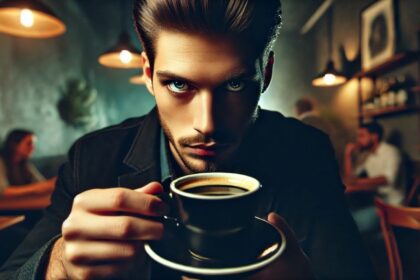 Seorang pria meminum kopi hitam, simbol preferensi rasa pahit yang dikaitkan dengan kecenderungan psikopat.