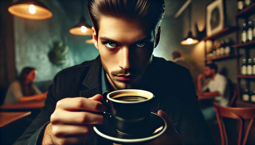 Seorang pria meminum kopi hitam, simbol preferensi rasa pahit yang dikaitkan dengan kecenderungan psikopat.