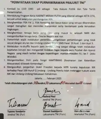 Forum Purnawirawan Jenderal TNI desak pemakzulan Gibran Rakabuming Raka sebagai capres.